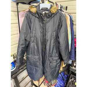 Women's JUSTFAB Black Puffer Coat with Faux Fur Hood 1X